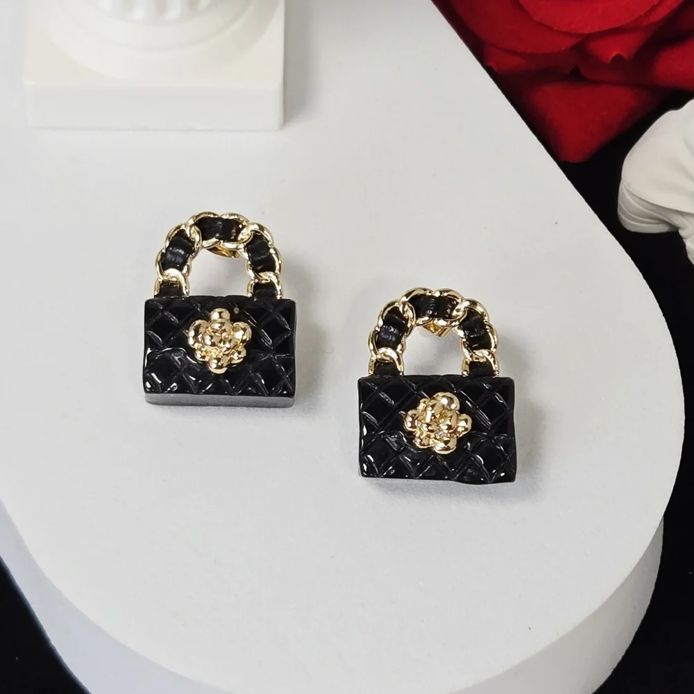 Black Quilted Handbag Stud Earrings Mini Purse Fashion Statement Studs Y2K Glam
